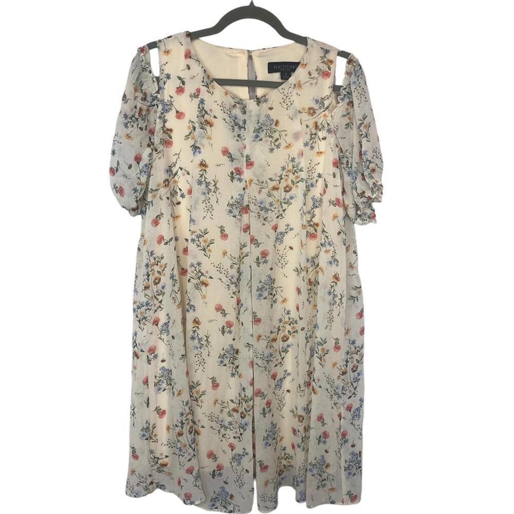 Perceptions Dress Floral Closure Cold Shoulder Puffed Sleeve Back Pleat